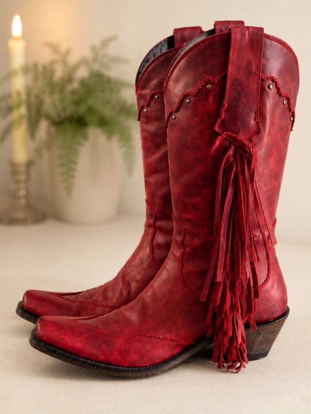 Liberty Black Vegas Fringe Leather Studded Cowboy Western Boots 7.5 Rojo Red